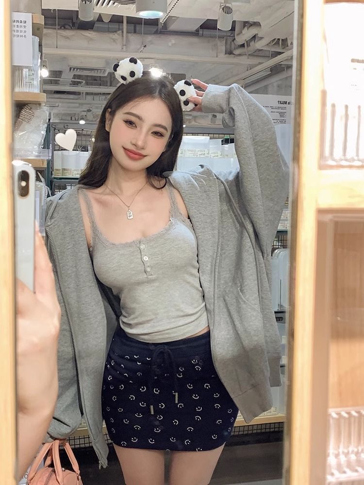 蕾絲花邊純欲風甜美性感灰色無袖修身短款吊帶背心女打底衫