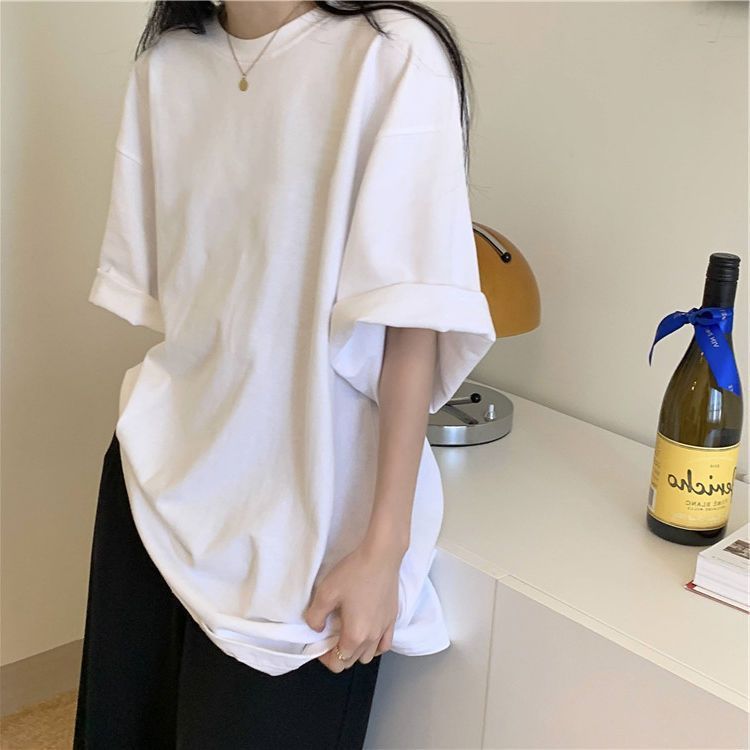 100%純棉白色寬鬆短袖t恤女春裝2024年新款夏季純色打底內搭上衣