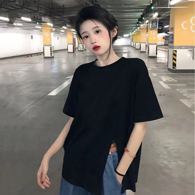 100%純棉t恤女夏季韓版2024新款寬鬆設計感開叉黑色百搭短袖上衣