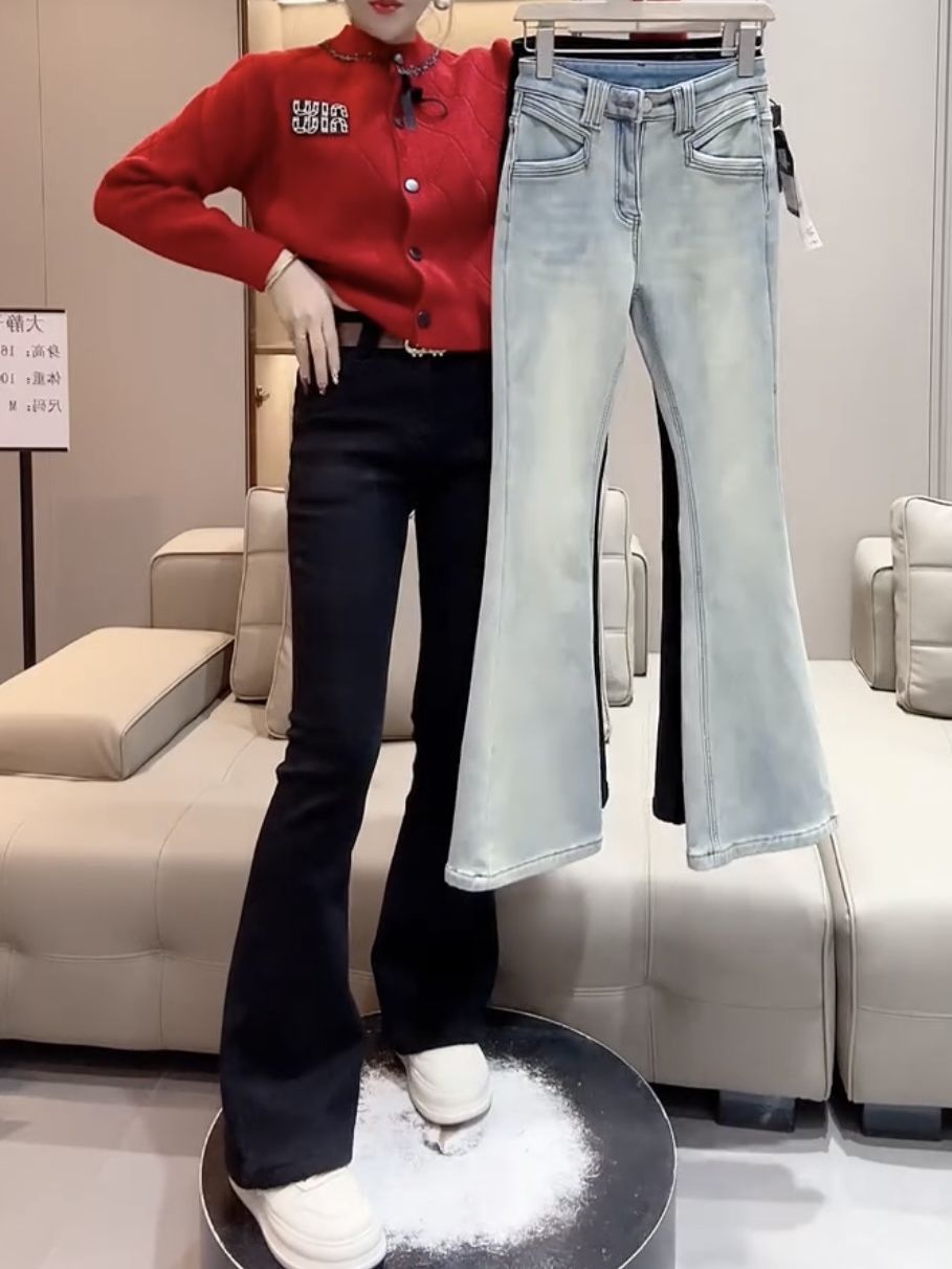 加絨加厚牛仔褲女2024秋冬新款韓版高腰顯瘦百搭喇叭褲外穿拖地褲