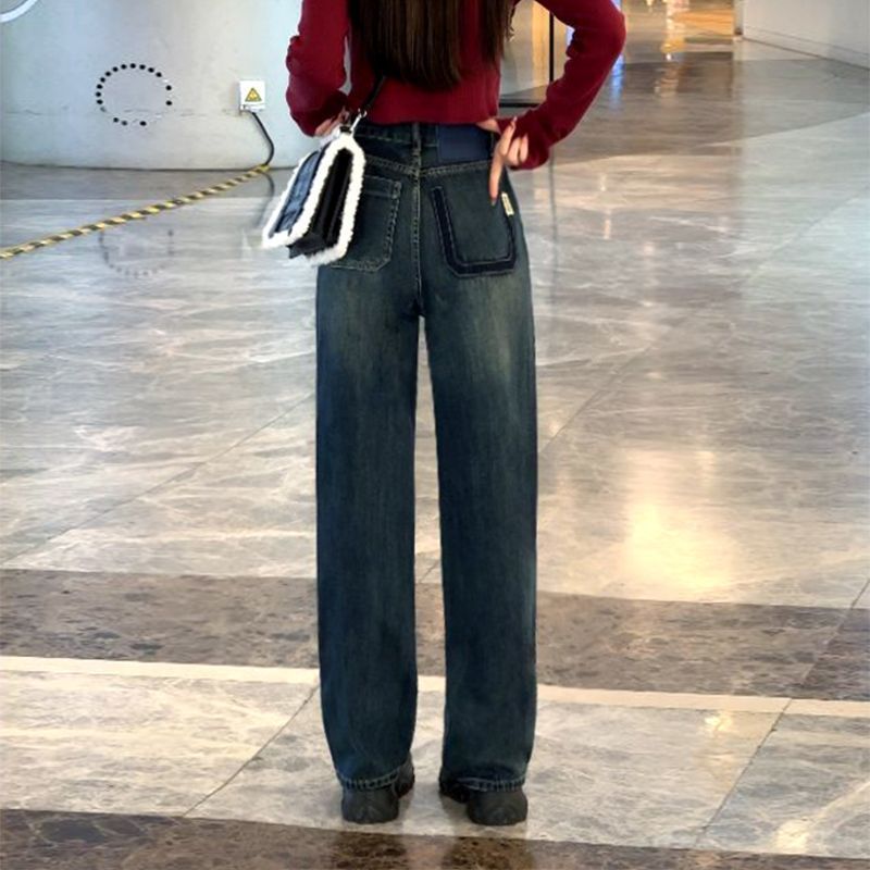 撞色美拉德闊腿牛仔褲女2024春秋新款港風復古高腰顯瘦百搭直筒褲