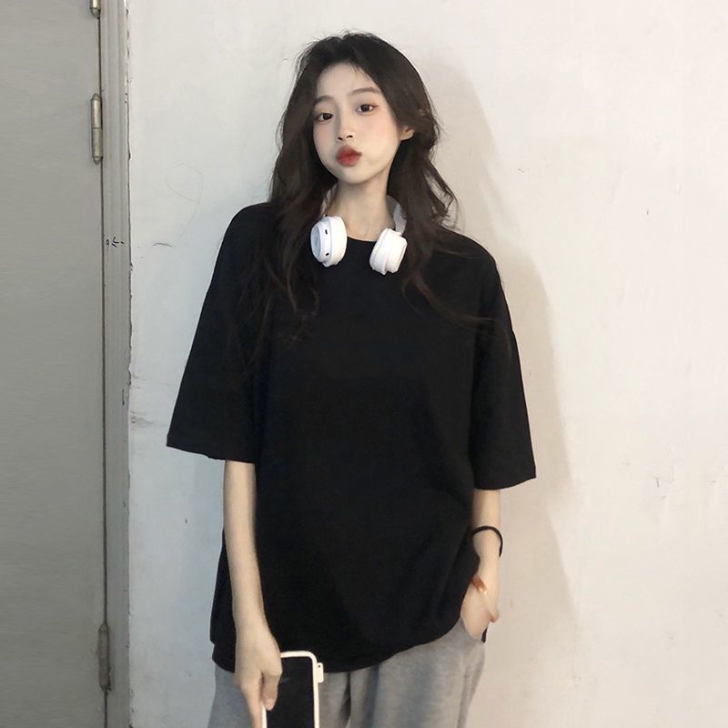 100%純棉黑色寬鬆短袖t恤女春裝2024年新款夏季純色打底內搭上衣