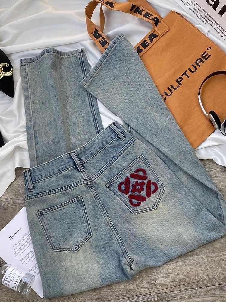 歐貨加絨闊腿牛仔褲女2023秋冬爆款高腰顯瘦刺繡窄版淺色直筒褲子