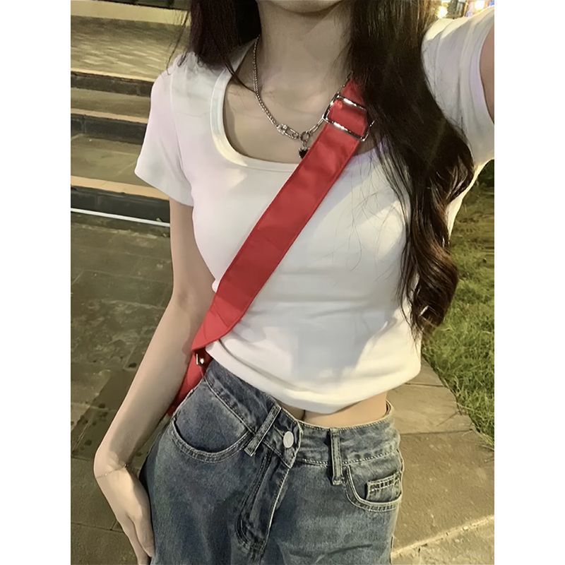 純棉甜辣妹美式短款t恤女夏短袖u領高腰顯瘦純欲風設計感ins上衣