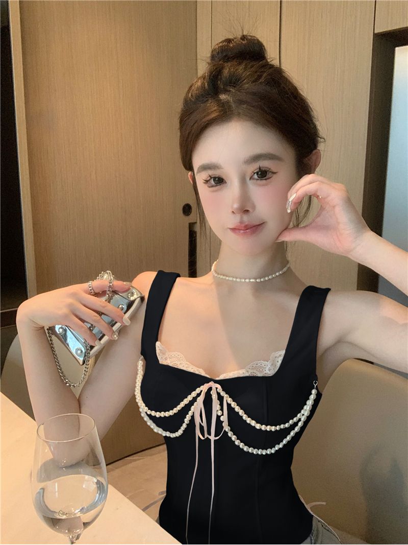 小香風珍珠魚骨吊帶背心女秋冬純欲甜辣妹抹胸上衣蕾絲打底衫內搭