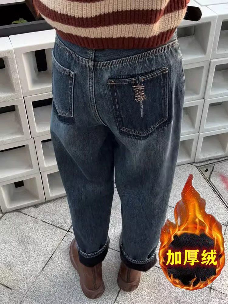 梨形身材2023大碼撞色加厚加絨牛仔褲女胖妹妹顯瘦秋冬爆款老爹褲
