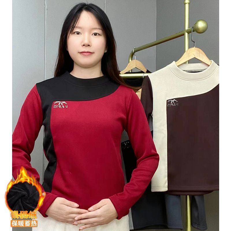 中老年半高領打底衫女秋冬季新款德絨複合銀狐絨加絨加厚保暖上衣
