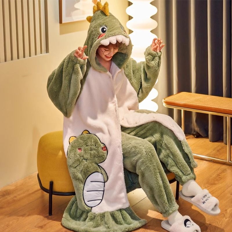 睡衣女秋冬珊瑚絨長款睡袍加厚加絨可愛恐龍長袖春秋款家居服套裝