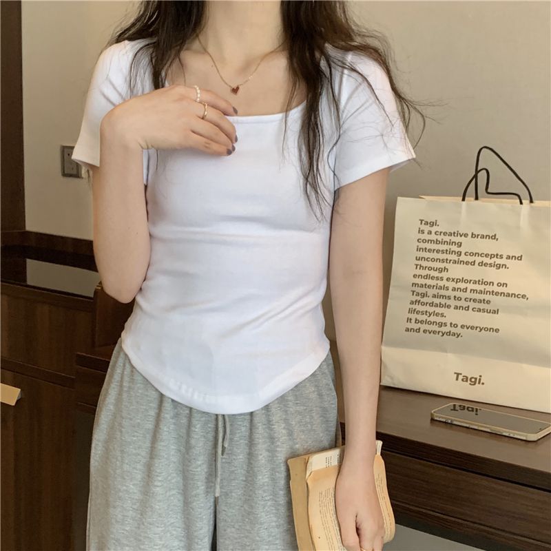 不規則短款上衣2024夏季辣妹設計感U領短袖打底衫修身正肩T恤女