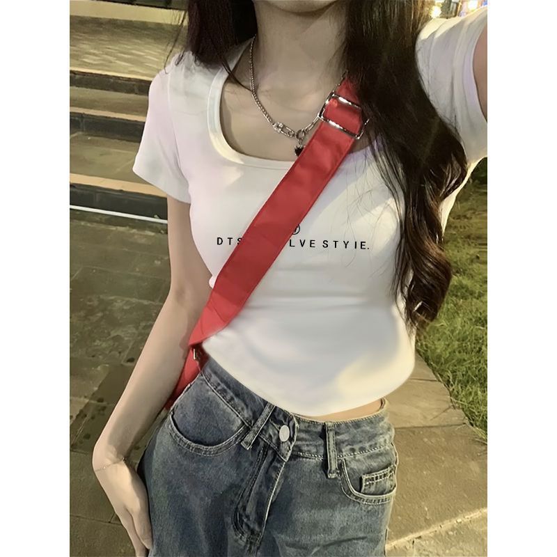 方領短袖T恤女夏季新款修身顯瘦設計感純欲風甜辣妹短款上衣ins潮