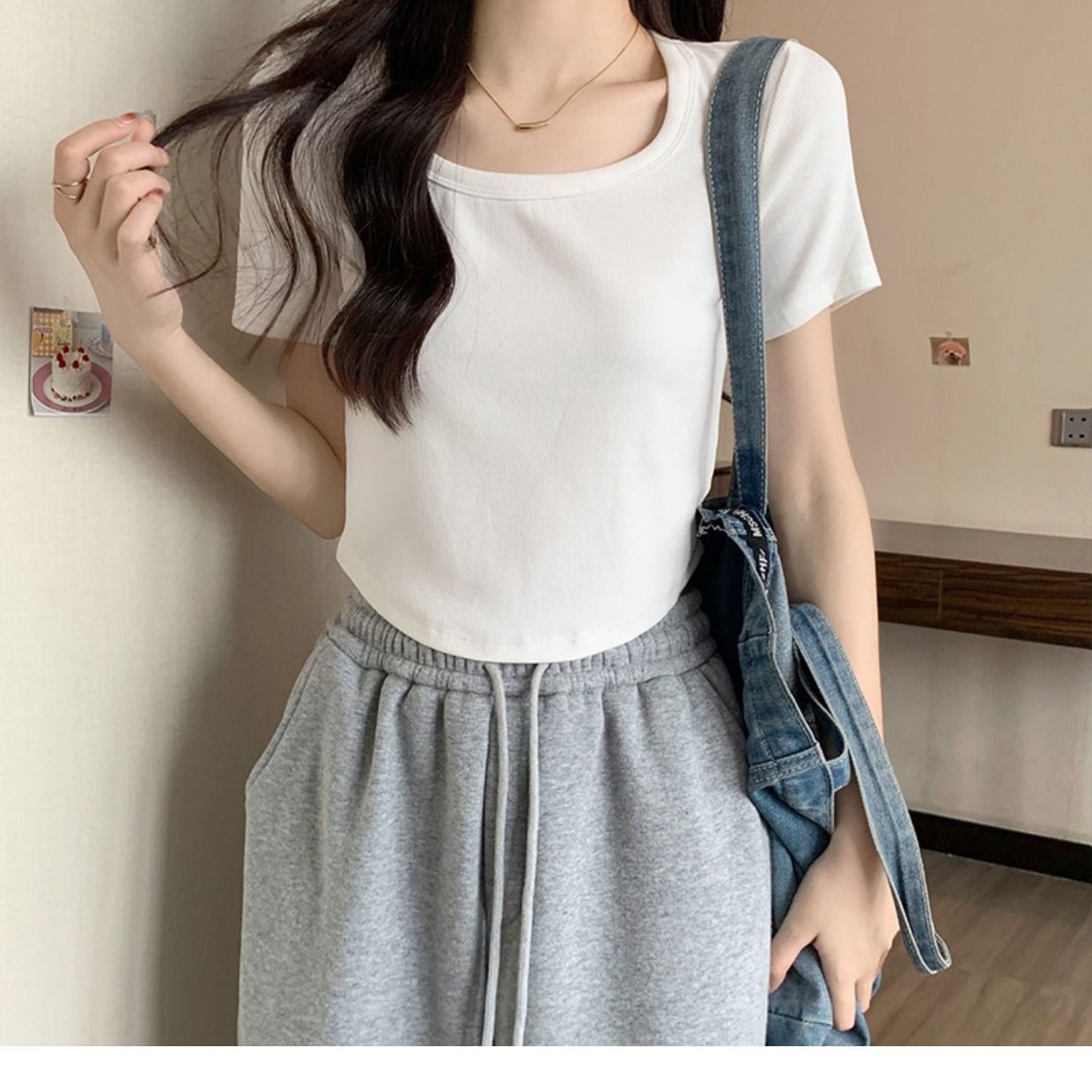 【帶胸墊】圓領短袖T恤女短款2024夏季新款氣質純色百搭辣妹上衣