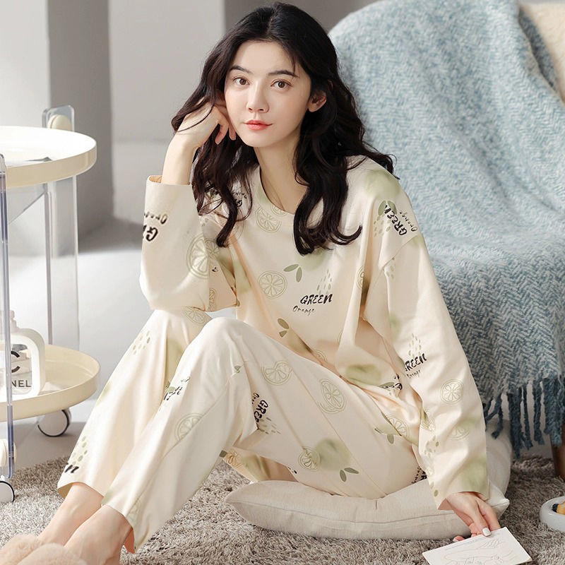 睡衣女春秋款純棉長袖夏季新款全棉圓領可外穿少女家居服套裝