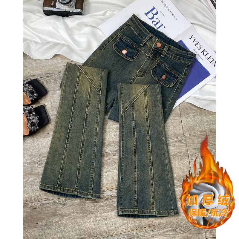 微喇牛仔褲女2023年秋冬款高腰顯瘦復古懷舊彈力加絨馬蹄喇叭褲子