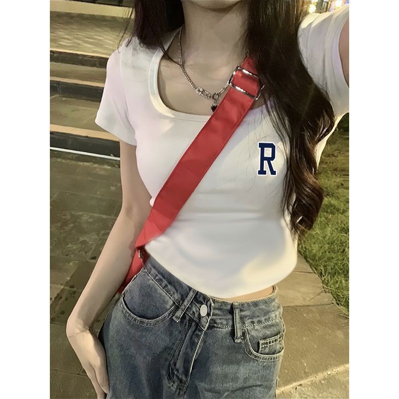 方領短袖T恤女夏季新款修身顯瘦設計感純欲風甜辣妹短款上衣ins潮