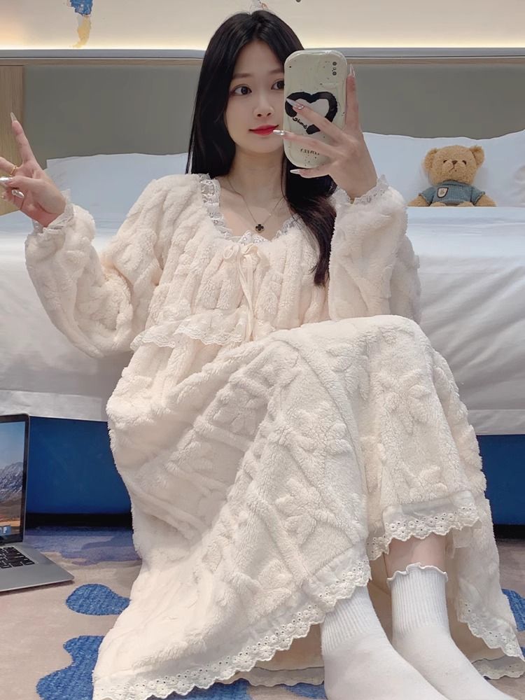 珊瑚絨睡裙女冬天加絨加厚款長袖睡衣春秋季法蘭絨寬鬆保暖家居服