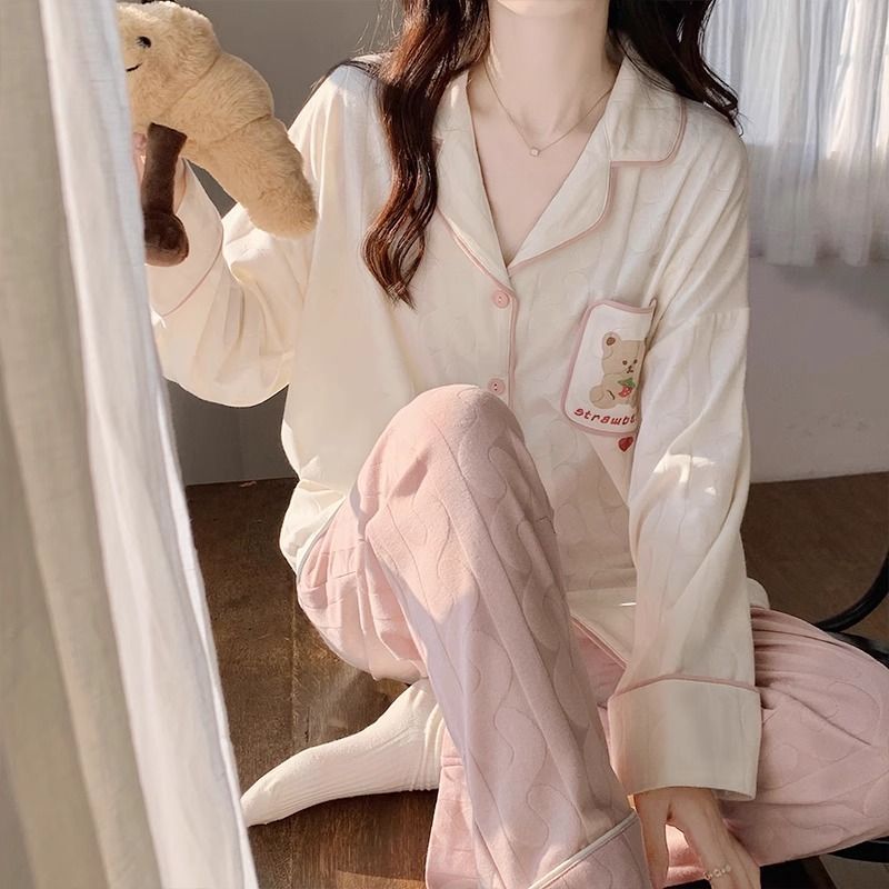 睡衣女春秋款冬季網紅長袖寬鬆可愛女士夏天薄款開衫家居服女套裝