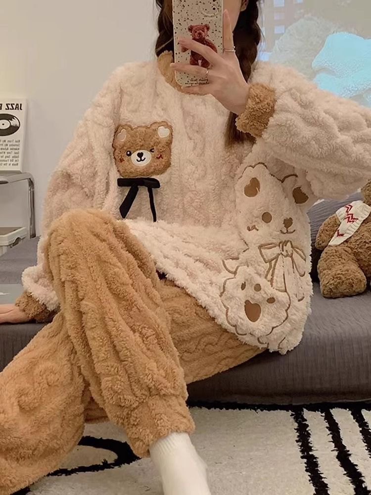 珊瑚絨睡衣女冬季長袖加厚可愛小熊家居服法蘭絨春秋款可外穿套裝