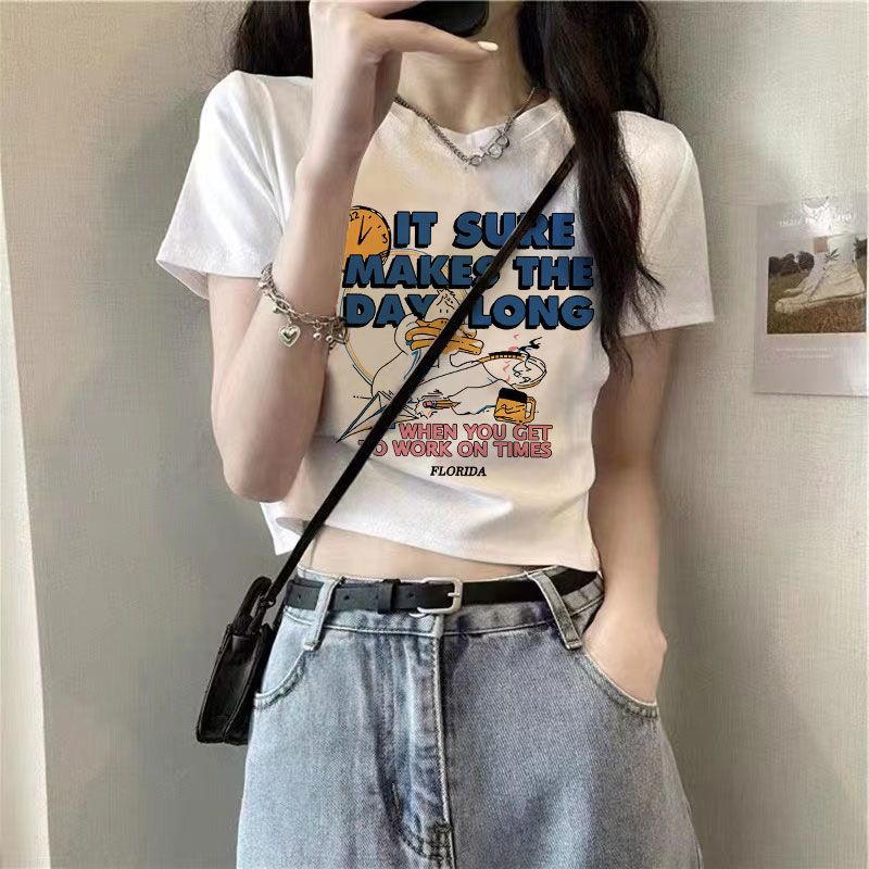 白色純棉短袖正肩t恤女夏季設計感小眾小個子短款bm甜辣小衫上衣