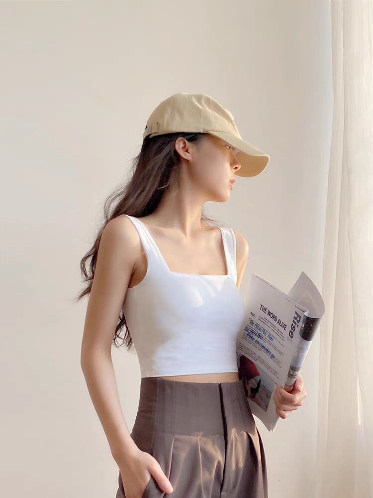 純棉方領短款背心女外穿無袖露臍吊帶防走光打底運動上衣