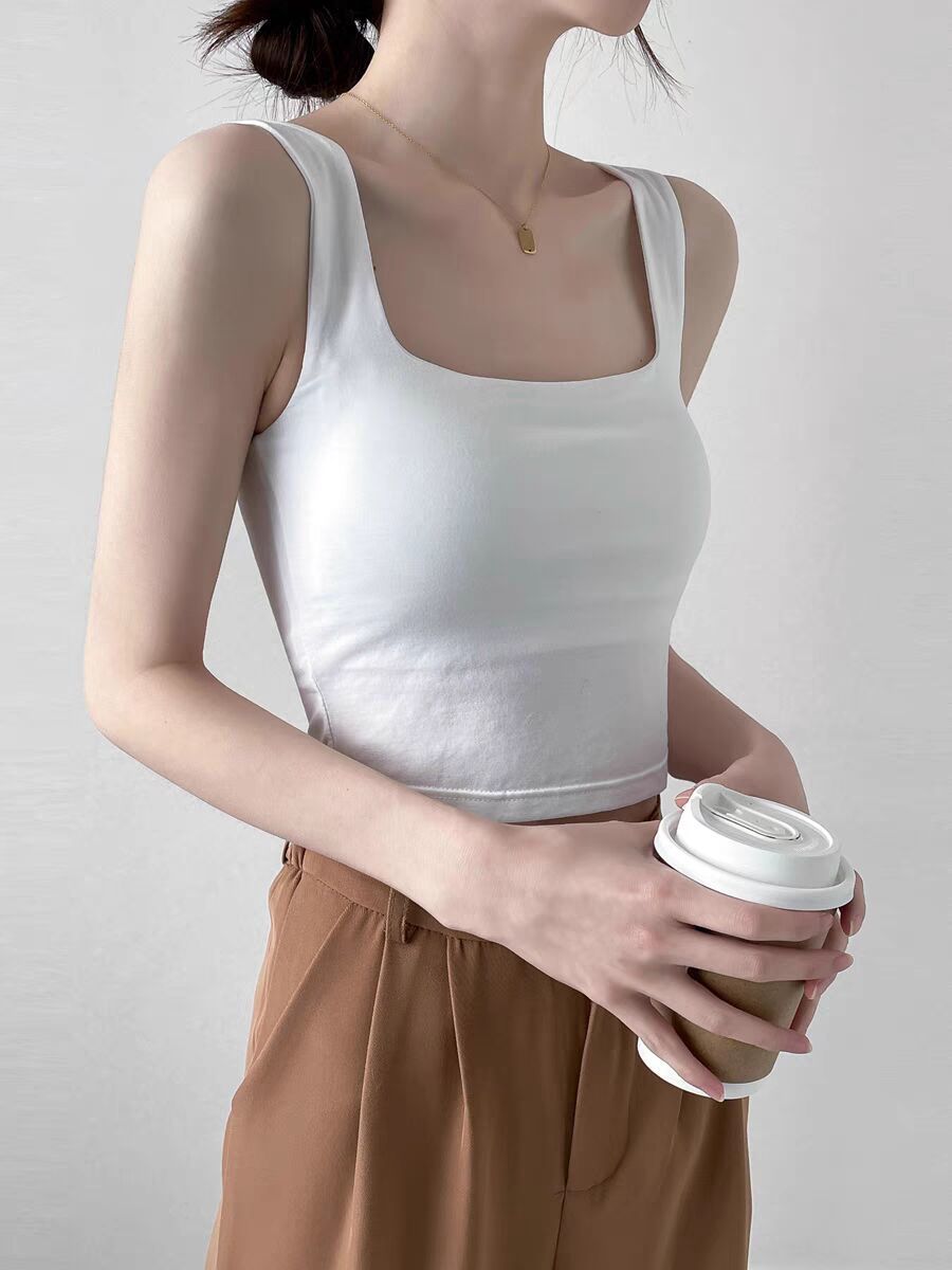 無痕純棉方領短款背心女外穿夏美背露臍吊帶打底上衣薄