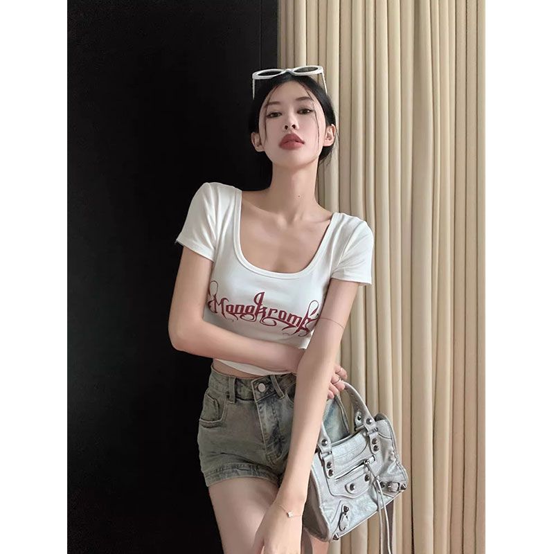 純欲甜辣妹性感短款露臍上衣女夏獨特别致高級感顯胸大u領短袖t恤