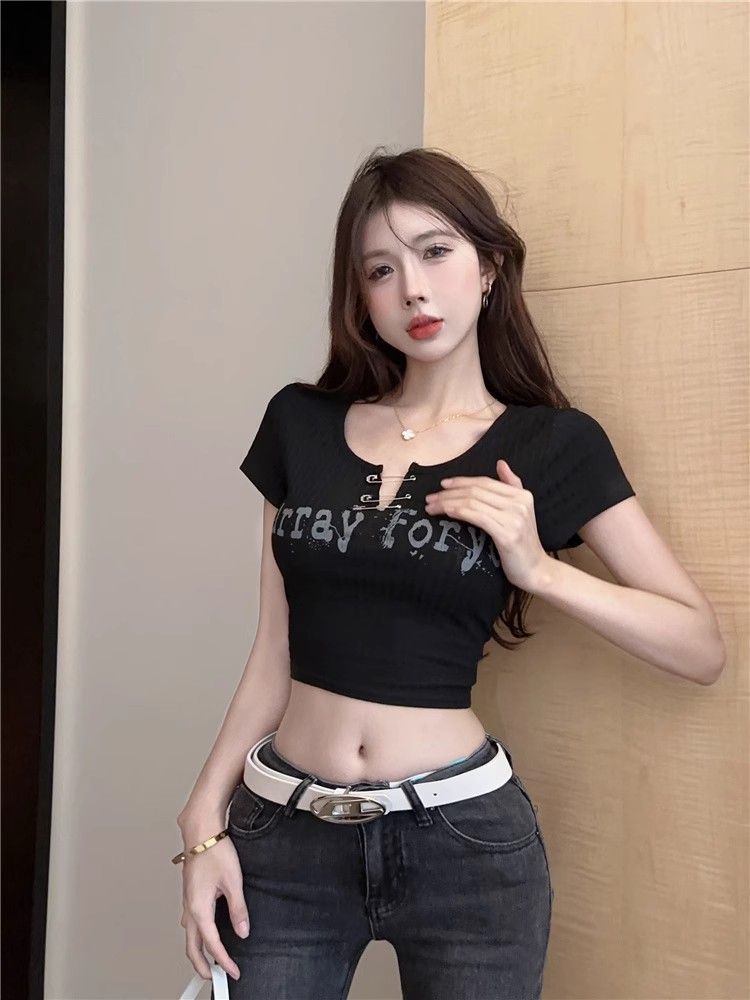 純欲性感V領短袖t恤女小個子顯瘦緊身美式印花短款甜辣妹露臍上衣