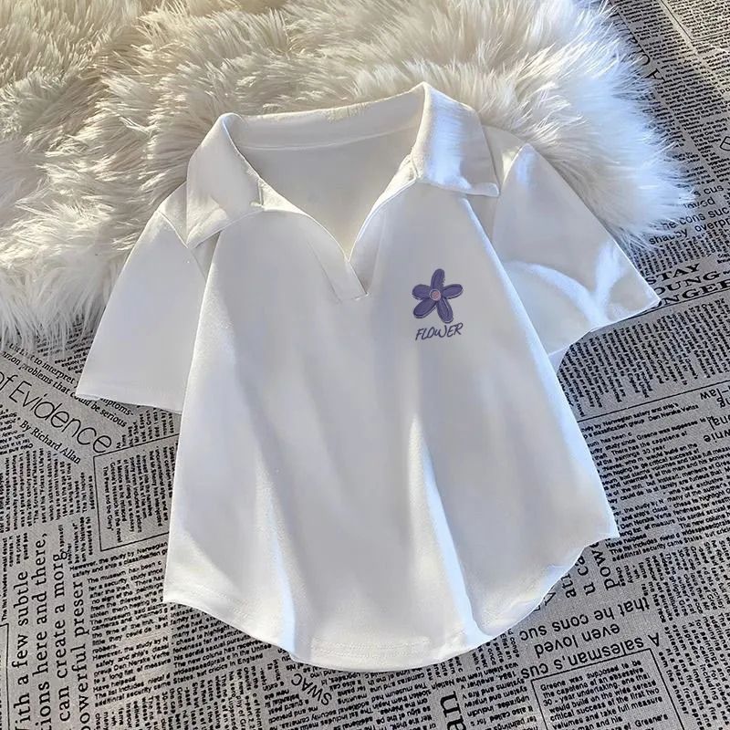 polo領白色短袖t恤女2024新款夏季v領設計感小眾修身短款辣妹上衣