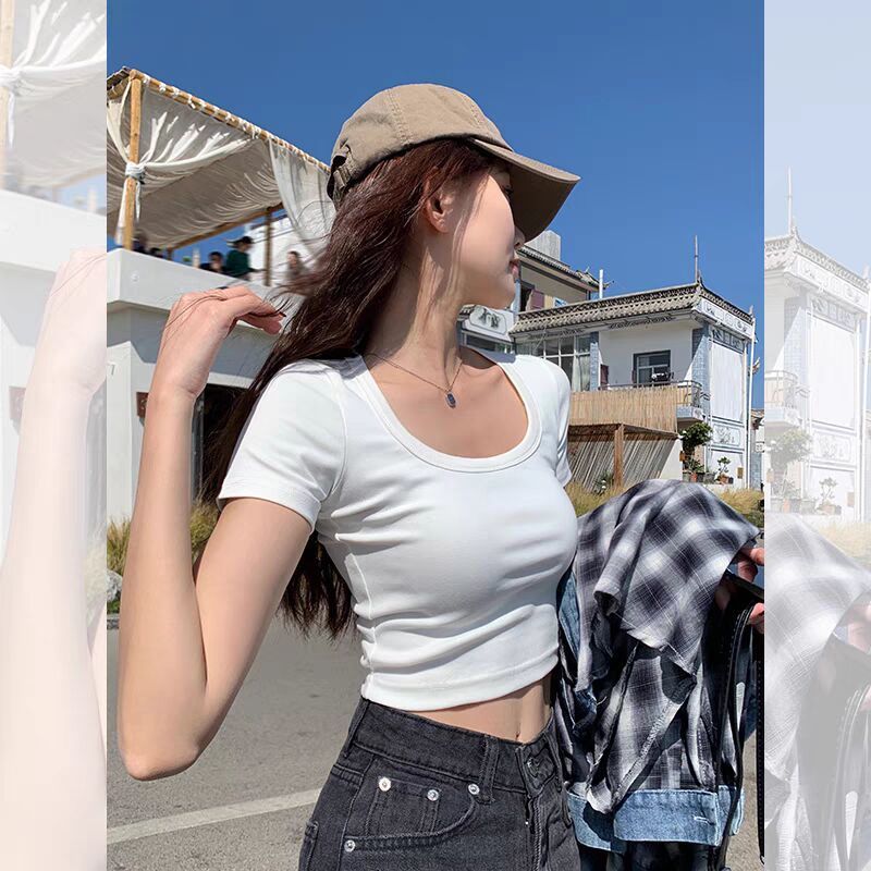白色U領正肩短袖t恤女早春內搭打底辣妹修身短款小衫上衣
