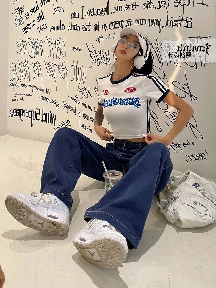 美式復古辣妹短款上衣夏季新款純欲風修身短袖女正肩t恤露臍顯瘦