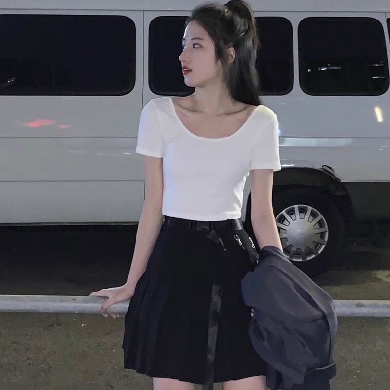 正肩t恤女夏季白色短袖低圓領修身顯瘦甜辣妹別致短款上衣ins潮酷