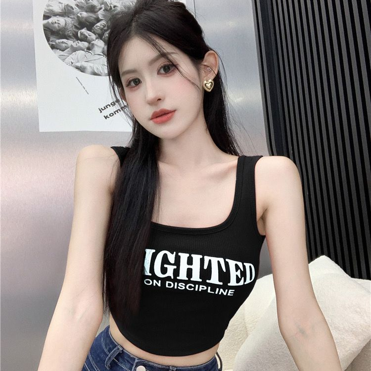 歐美風美式辣妹純欲字母印花小眾百搭胸墊一體無袖款式背心女生夏