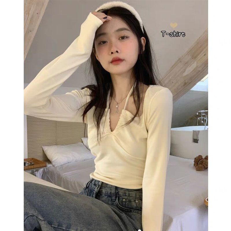 Little pure desire v-neck long-sleeved t-shirt women's autumn bottoming shirt high-end slim short hot girl halter top