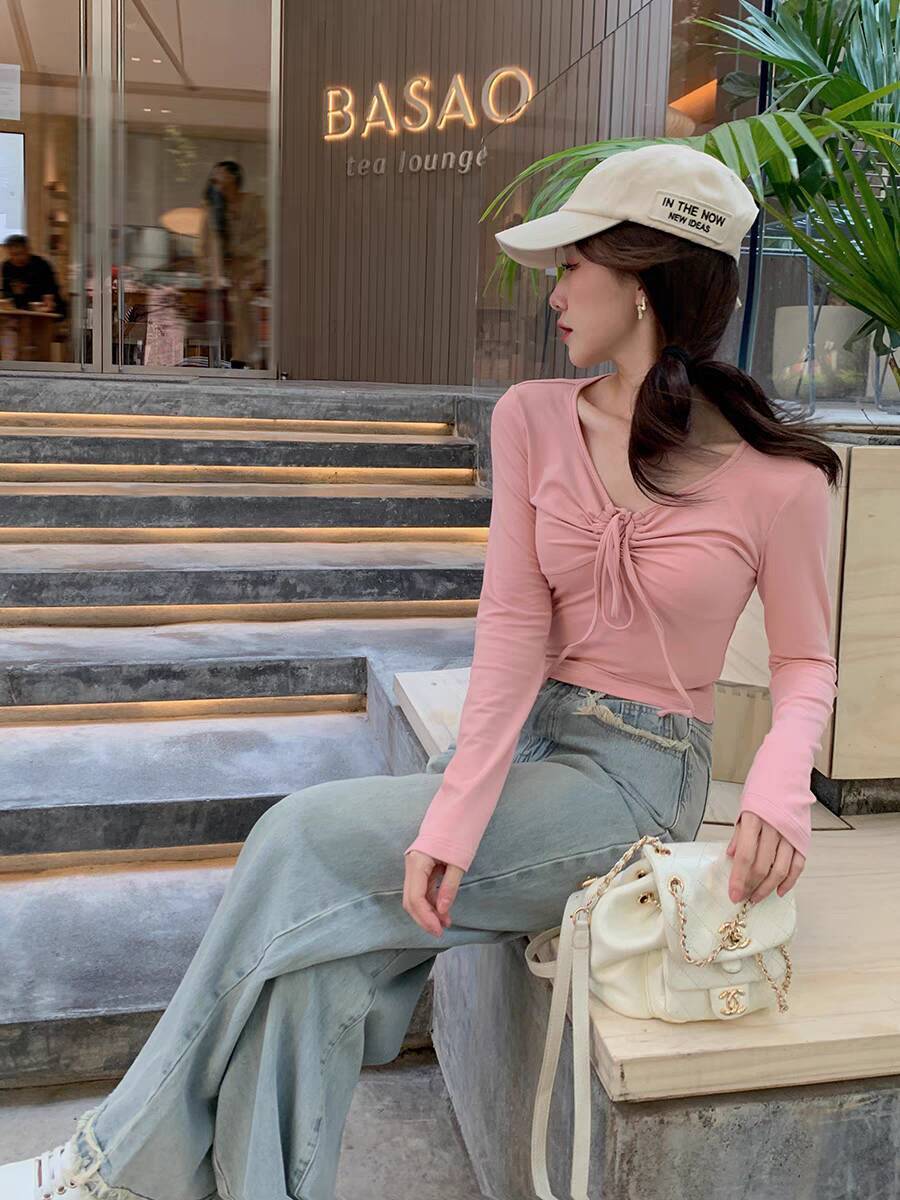 Small solid color V-neck halter neck long-sleeved T-shirt for women spring short slim fit pure lust top