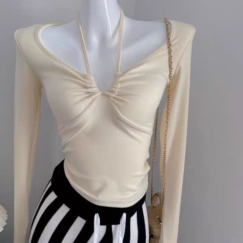 Breasts whirring, unique and gentle Korean-style pure lust hottie autumn and winter V-neck long-sleeved bottoming shirt for women, inner wear