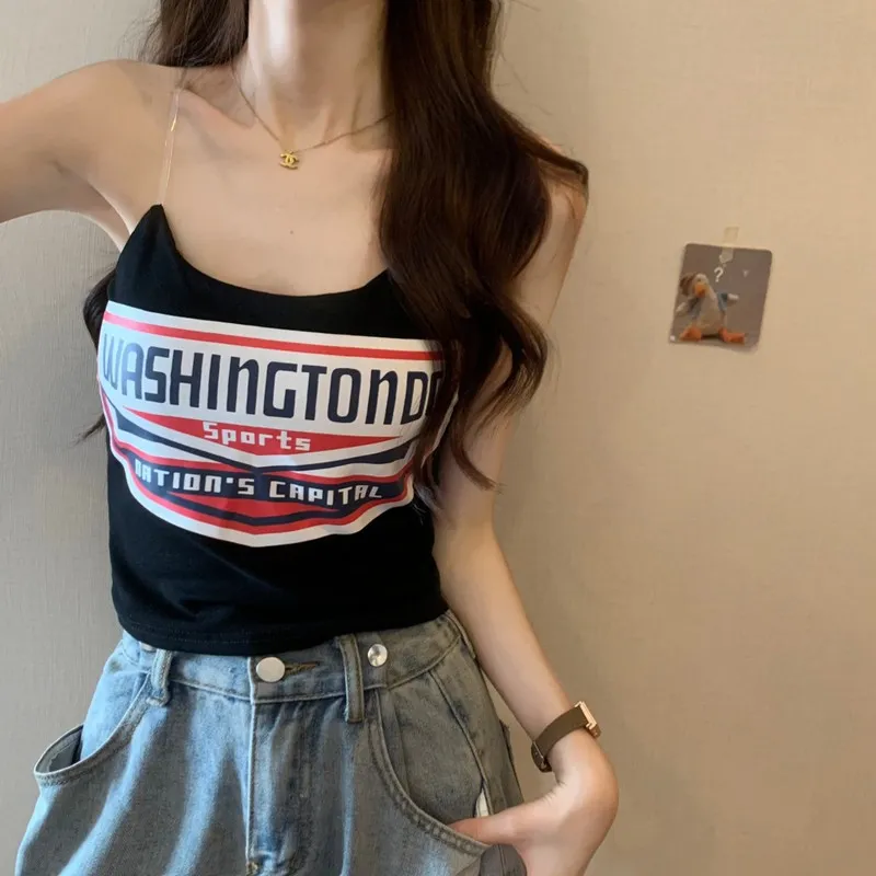 透明隱形吊帶設計小背心女短款修身外穿甜辣妹夏季字母印花上衣潮