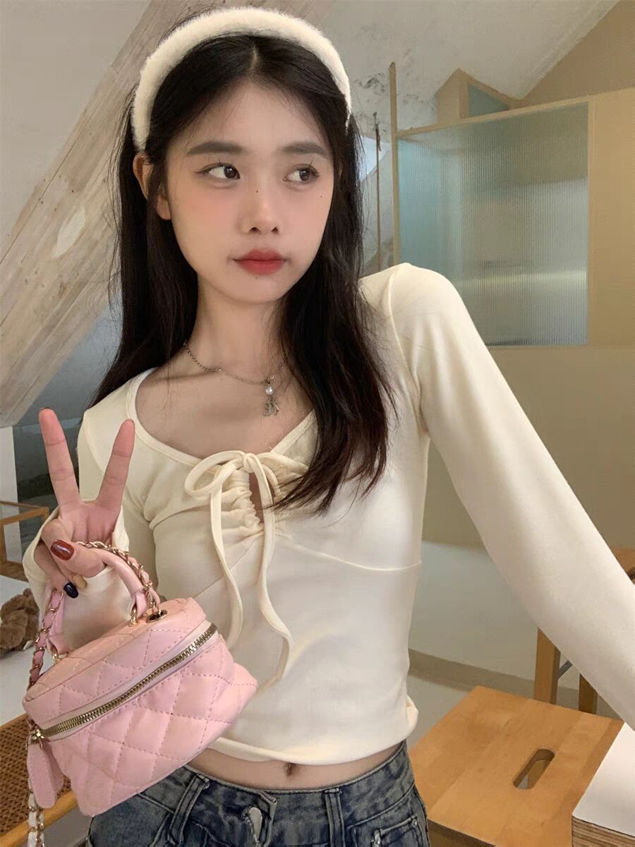 Little pure desire v-neck long-sleeved t-shirt women's autumn bottoming shirt high-end slim short hot girl halter top