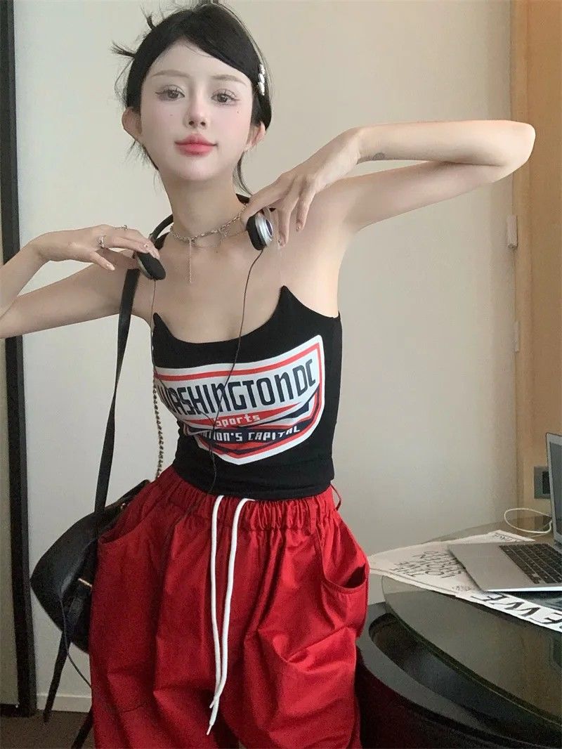 辣妹美式復古印花抹胸吊帶背心2024女夏季新款甜酷時尚修身上衣潮