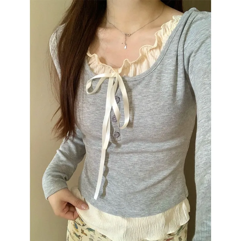 Ballet style fake two-piece bottoming shirt for women in autumn and winter, pure and sweet hot girl inner design, niche lace-up long-sleeved top