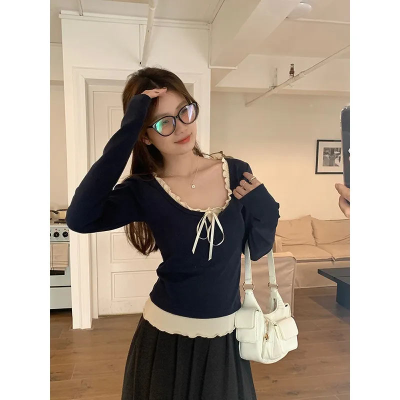 Ballet style fake two-piece bottoming shirt for women in autumn and winter, pure and sweet hot girl inner design, niche lace-up long-sleeved top