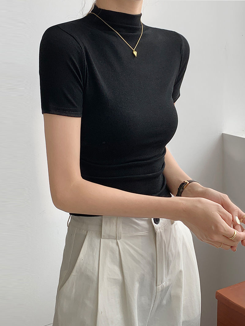 黑色短袖半高领t恤女2024夏季设计感修身内搭纯色短款褶皱上衣ins