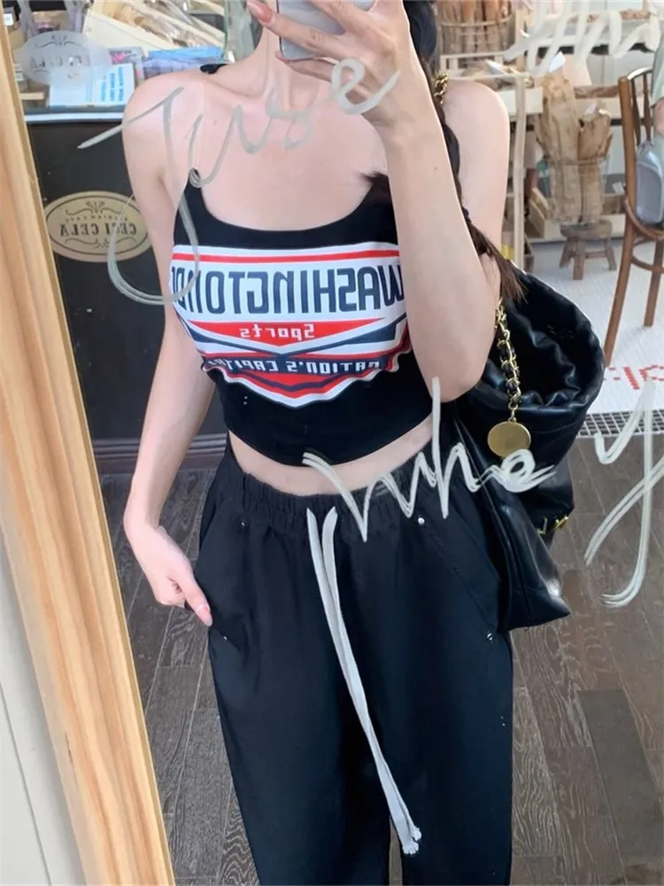 辣妹美式復古印花抹胸吊帶背心2024女夏季新款甜酷時尚修身上衣潮
