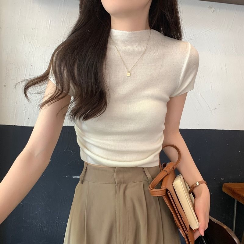 洋氣短袖半高領t恤女2024夏季設計感修身顯瘦純色短款褶皺上衣ins