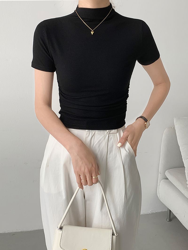 黑色短袖半高领t恤女2024夏季设计感修身内搭纯色短款褶皱上衣ins