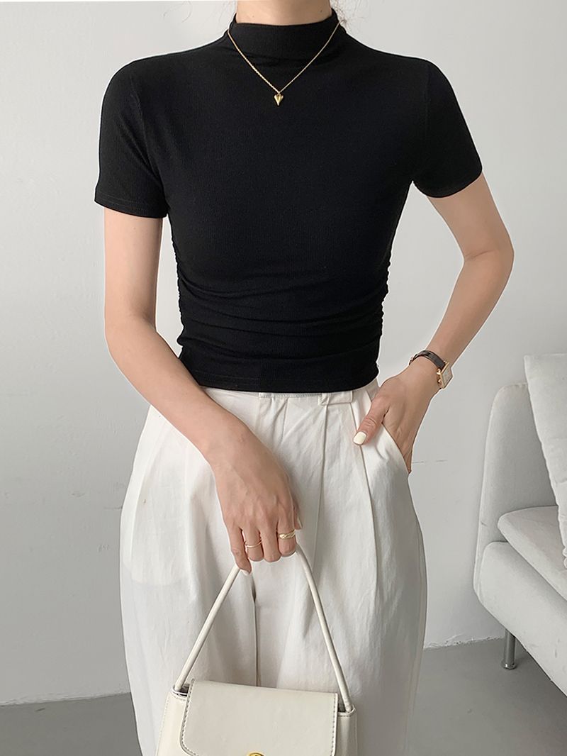 黑色短袖半高領t恤女2024夏季設計感修身內搭純色短款褶皺上衣ins