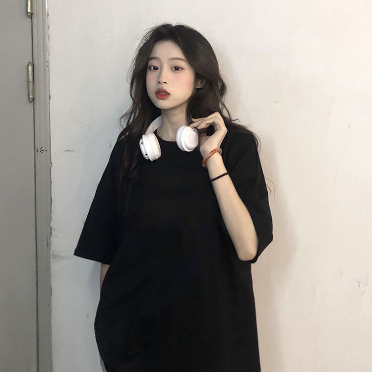 100%純棉黑色寬鬆短袖t恤女春裝2024年新款夏季純色打底內搭上衣