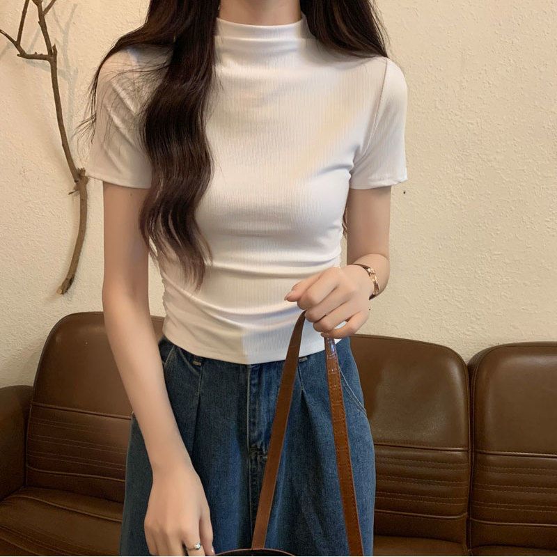洋氣短袖半高領t恤女2024夏季設計感修身顯瘦純色短款褶皺上衣ins