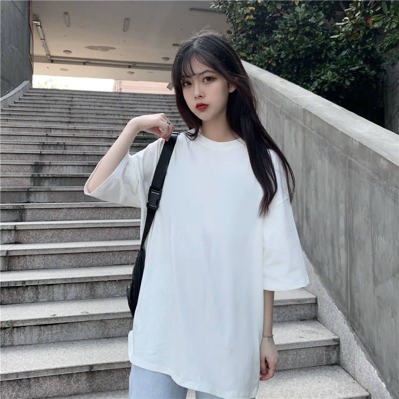 夏季2024新款韩版大码白色t恤女短袖宽松百搭中长款半袖纯色上衣