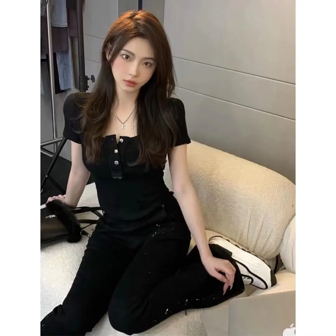 純欲風辣妹短袖t恤女ins潮夏季新款顯瘦修身百搭紐扣性感短款上衣