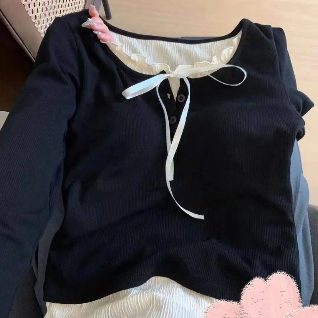 芭蕾風假兩件打底衫女秋冬純欲甜辣妹內搭設計感小眾系帶長袖上衣