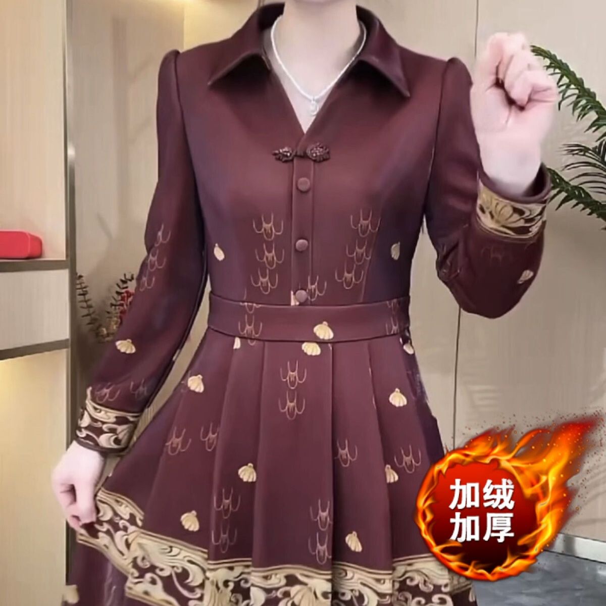 織錦提花連衣裙2024新款春季國風高檔媽媽女加絨加厚顯瘦婚宴裙子